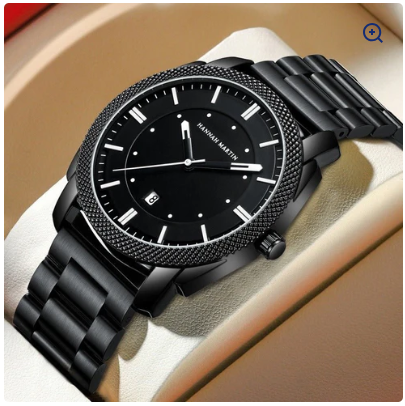 "Luxury Men’s Waterproof Stainless Steel Watch with Black Dial, Date Display & Scratch-Resistant Glass – Elegant Wristwatch for Formal & Casual Wear"