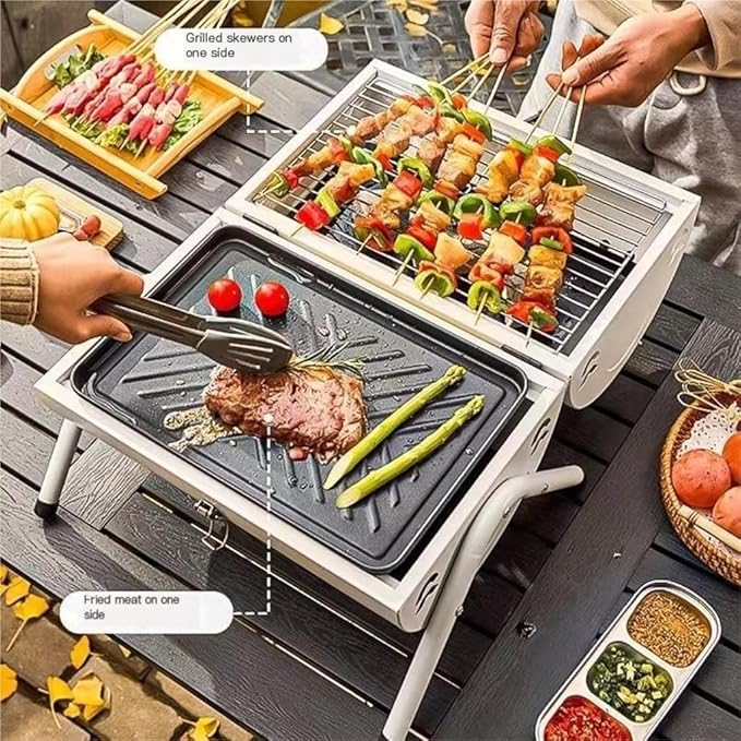 Portable Iron BBQ Grill with Hob – Outdoor Charcoal Cooking Set