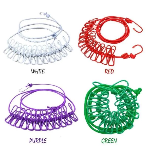 Portable Drying Rope with 12 Clips & 2 Hooks | Travel Clothesline for Indoor & Outdoor Use