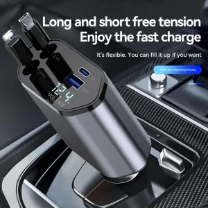 4-in-1 retractable car charger with 100W USB-C PD fast charging port