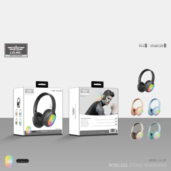 Lelisu LS-257 Wireless Stereo Headphones | Bluetooth 5.4 Over-Ear Headset with Type-C Charging & LED Lights
