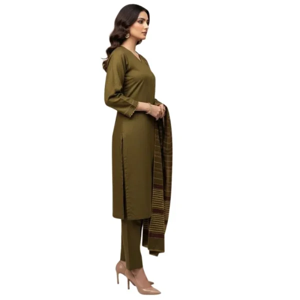 Winter Sussi Silk 3-Piece Suit for Women | Unstitched Plain Shirt & Trouser | Heavy Winter Sussi Shawl |  Olive Green