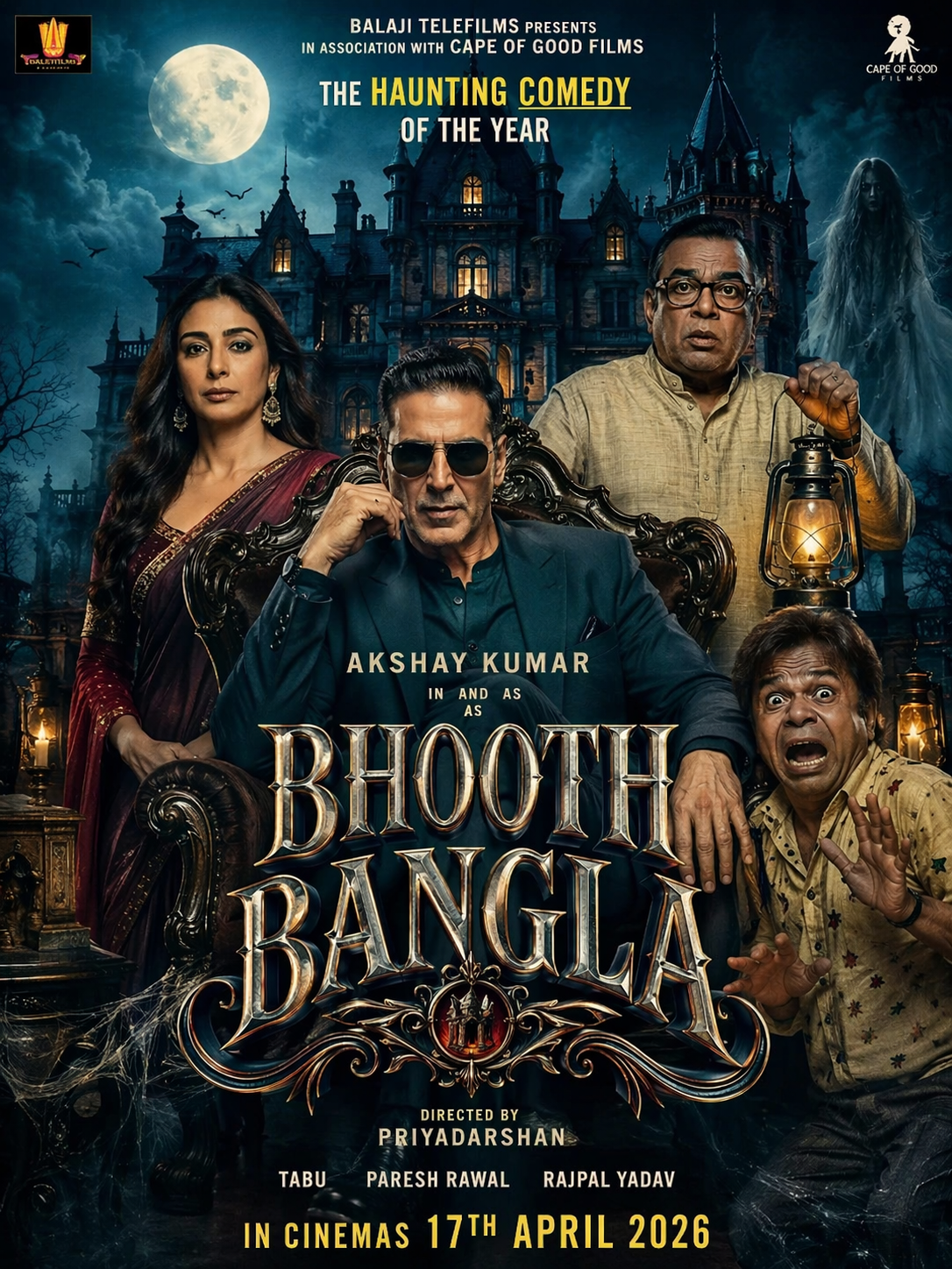 Bhooth Bangla horror comedy movie poster with cast in haunted house setting