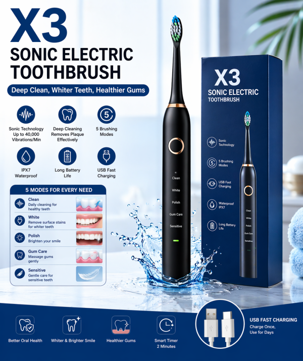 X3 Sonic Electric Toothbrush Rechargeable | USB Fast Charging Toothbrush with 5 Modes Deep Cleaning Whitening & Gum Care