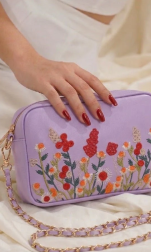 Floral Embroidered Chain Shoulder Bag for Women side view showing elegant floral stitching and gold chain strap
