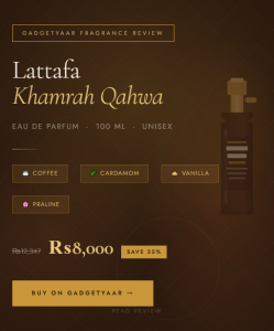Lattafa Khamrah Qahwa Eau de Parfum 100ml review — coffee vanilla Arabian fragrance available on GadgetYaar Pakistan