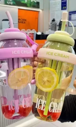 Ice cream shaped water bottle 1400ml with straw and tea infuser for gym and summer use available in random colors on GadgetYaar Pakistan